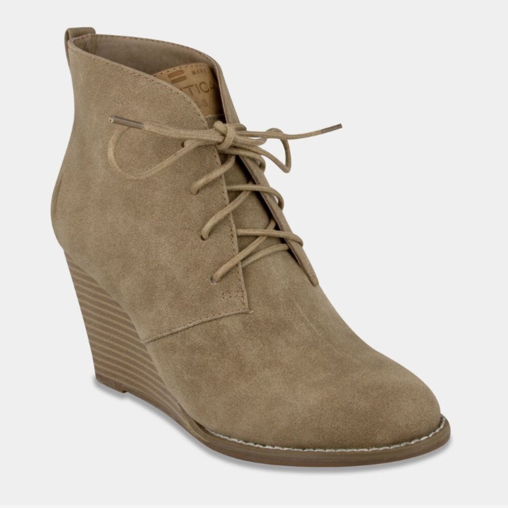 Nautica Women's Waterline Tan Nubuck Wedge High Heel Fashion Boot Size 8.5
